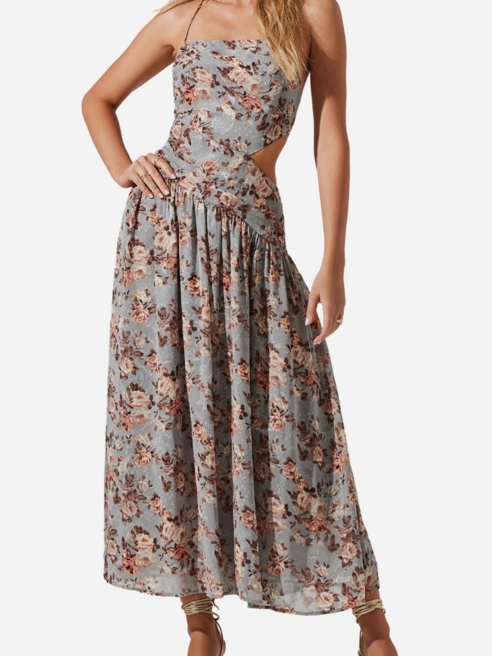 ASTR the Label Lace-Up Maxi Dress in Blue Burnout Floral (Medium)